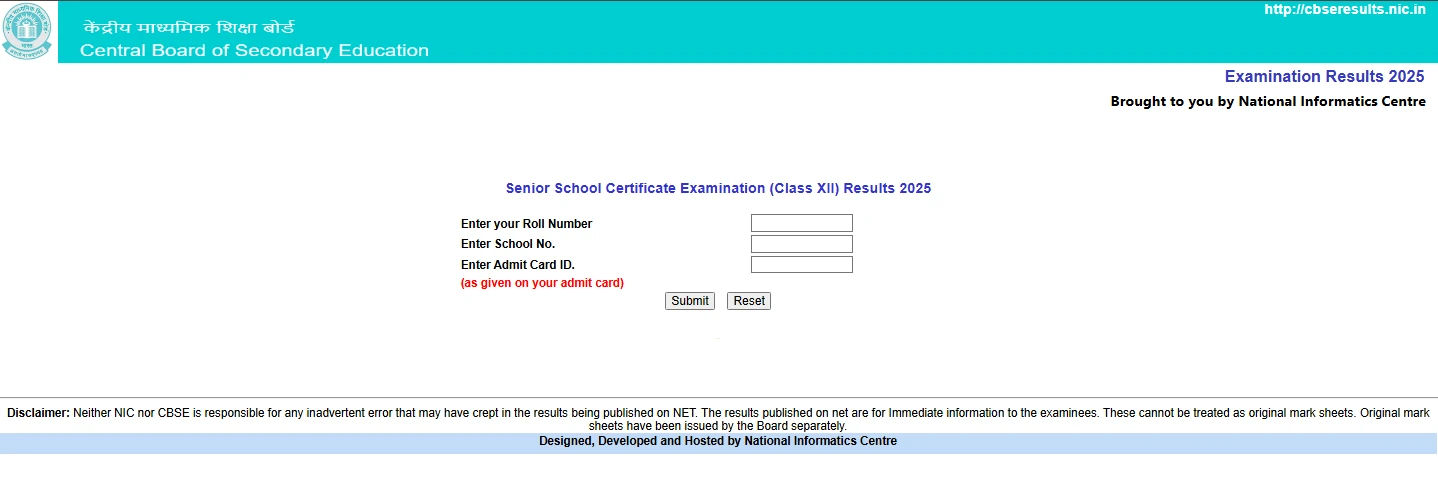 CBSE Class 12 results login page for students to enter roll number, school code, and admit card details.