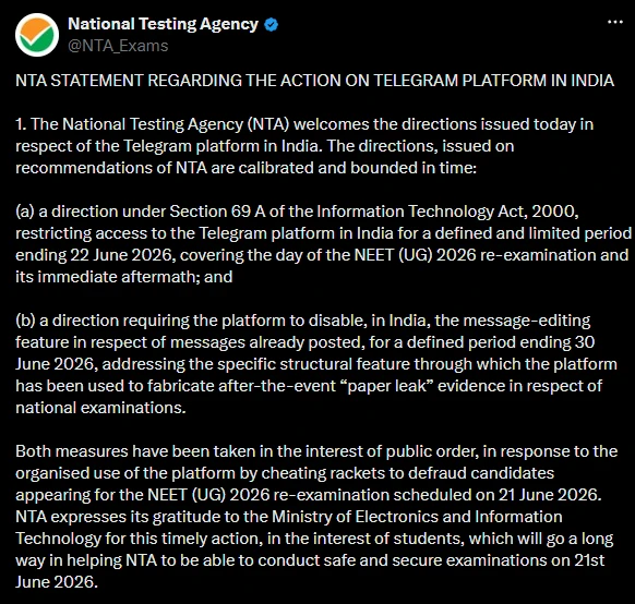 NTA X post on temporary Telegram restrictions before NEET UG 2026 re-exam