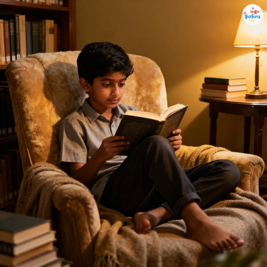 Older child reading a chapter book in a quiet space