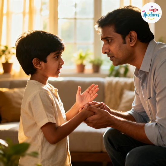 Parent kneeling to speak gently with a Generation Beta child showing emotional intelligence, trust, and open communication