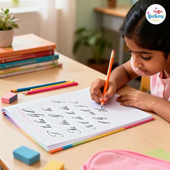 Indian child practising cursive writing using worksheets