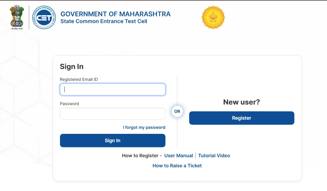 MAH CET Registration Login Page