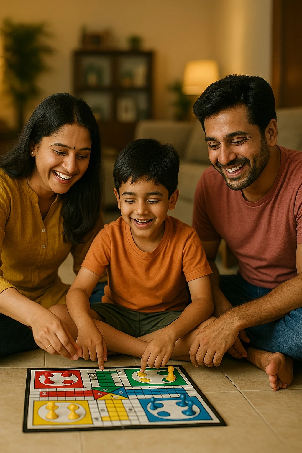 Indian parents and their young son sitting on the floor, smiling and laughing while playing Ludo together in a cozy home setting.