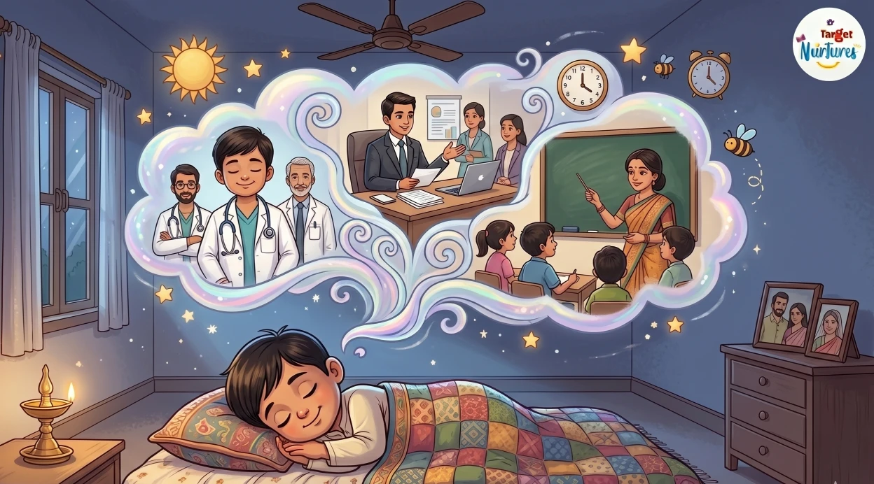 A toddler peacefully dreaming about what he will become in future