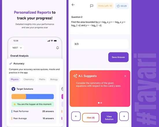 Tayari Entrance app showing AI hints, question solving interface, and personalized performance reports for NEET, JEE and MHT CET prep