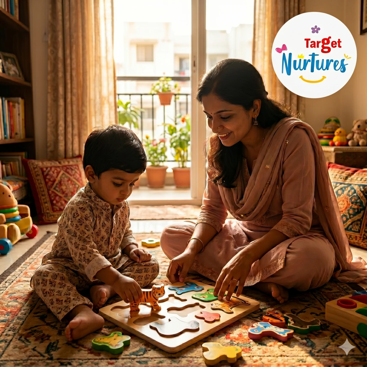 A toddler engaged in imaginative play with a parent nearby, supporting early cognitive development at home