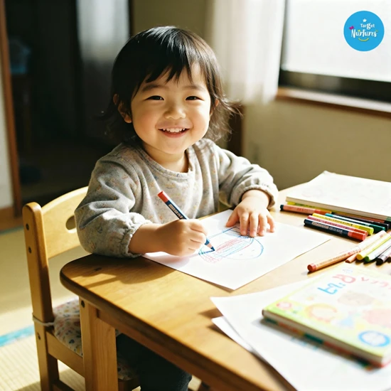 Young child drawing with crayons at home showing the benefits of drawing and early creativity