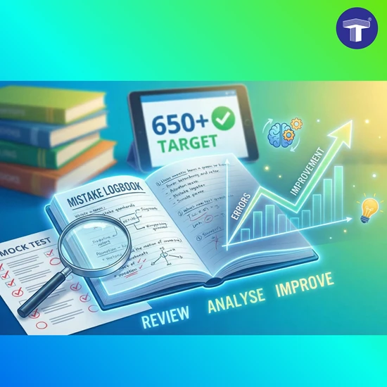 A mistake logbook with mock tests, magnifying glass, and improvement graph illustrating NEET score growth through analysis