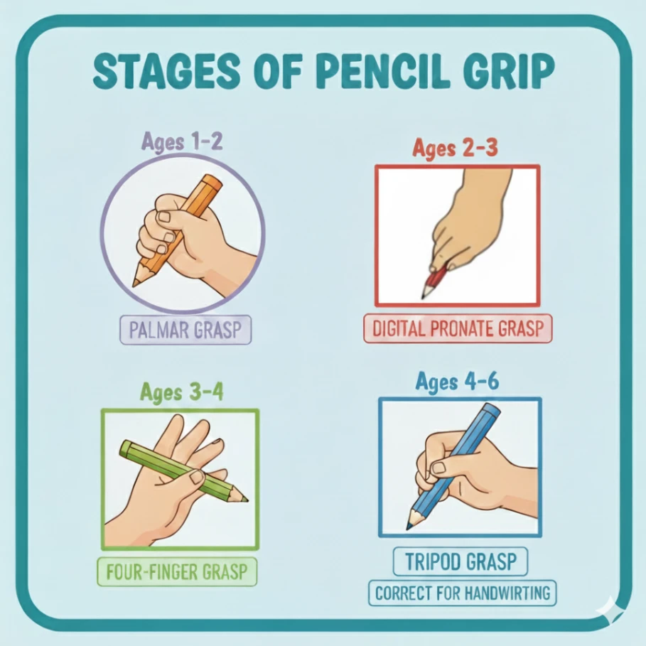 Various stages of pencil grip development in kids