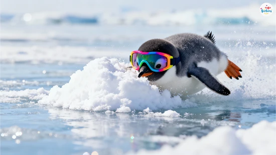 Cartoon baby penguin face planting into snow