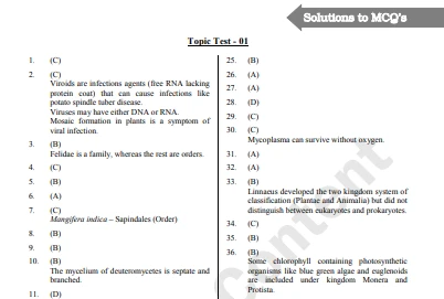 Answer key and detailed solutions for NEET test series Biology Topic Test 01