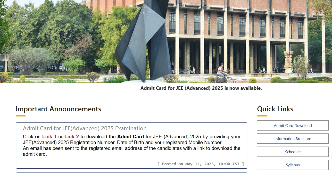 Official JEE Advanced 2025 admit card download page with important instructions.