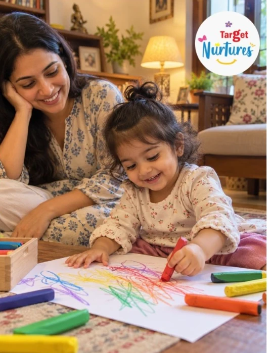 Toddler scribbling colourful lines with crayons while a parent watches at home