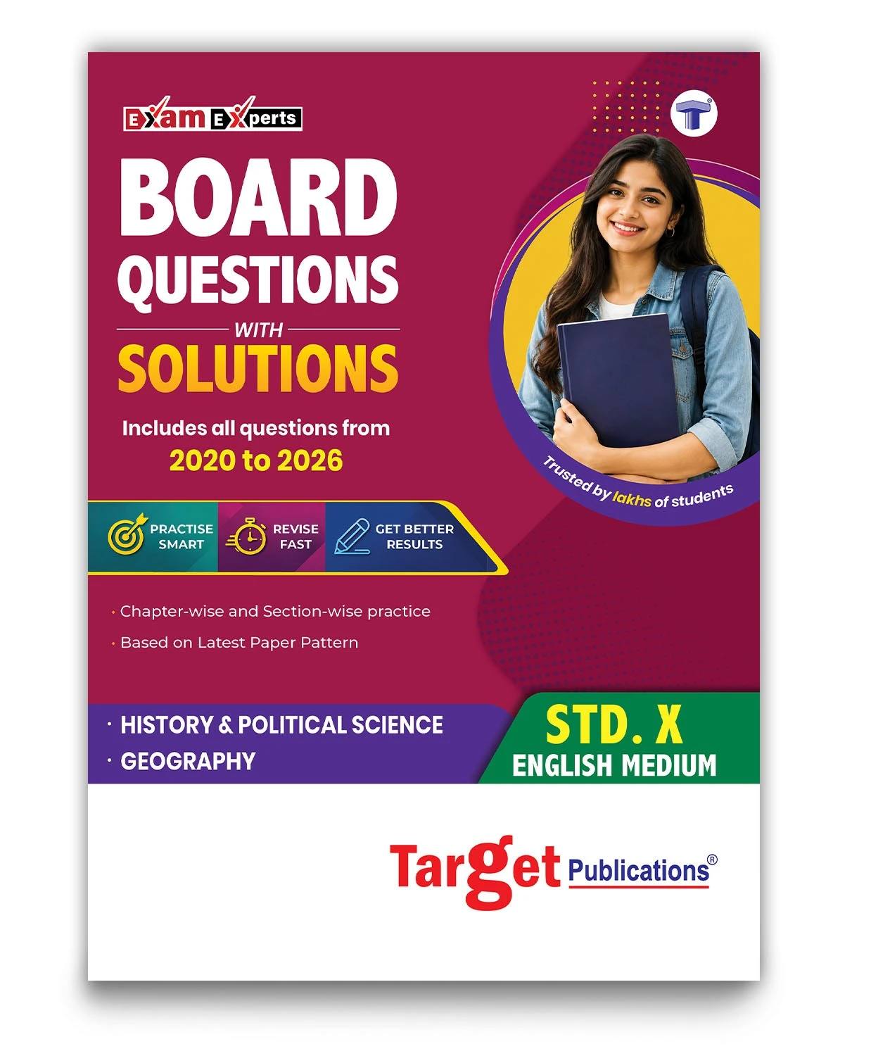 Target Publications Std. 10 Board Questions with Solutions book for History, Political Science and Geography, covering 2020&ndash;2026