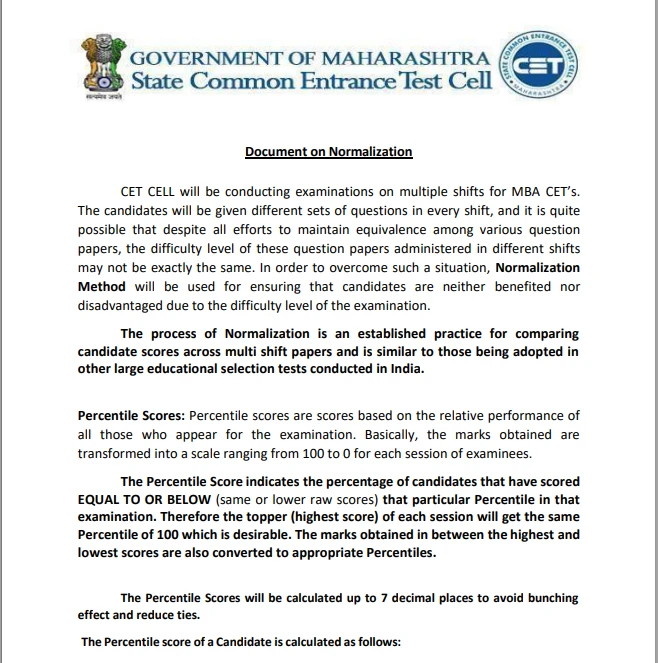 Government of Maharashtra CET Cell document explaining MBA CET normalisation process and percentile scoring method