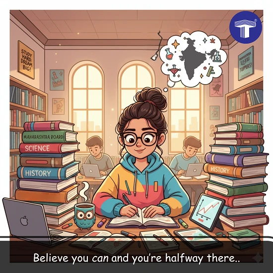 Study motivation graphic for Maharashtra HSC Board students, a girl with large stacks of textbooks and a laptop