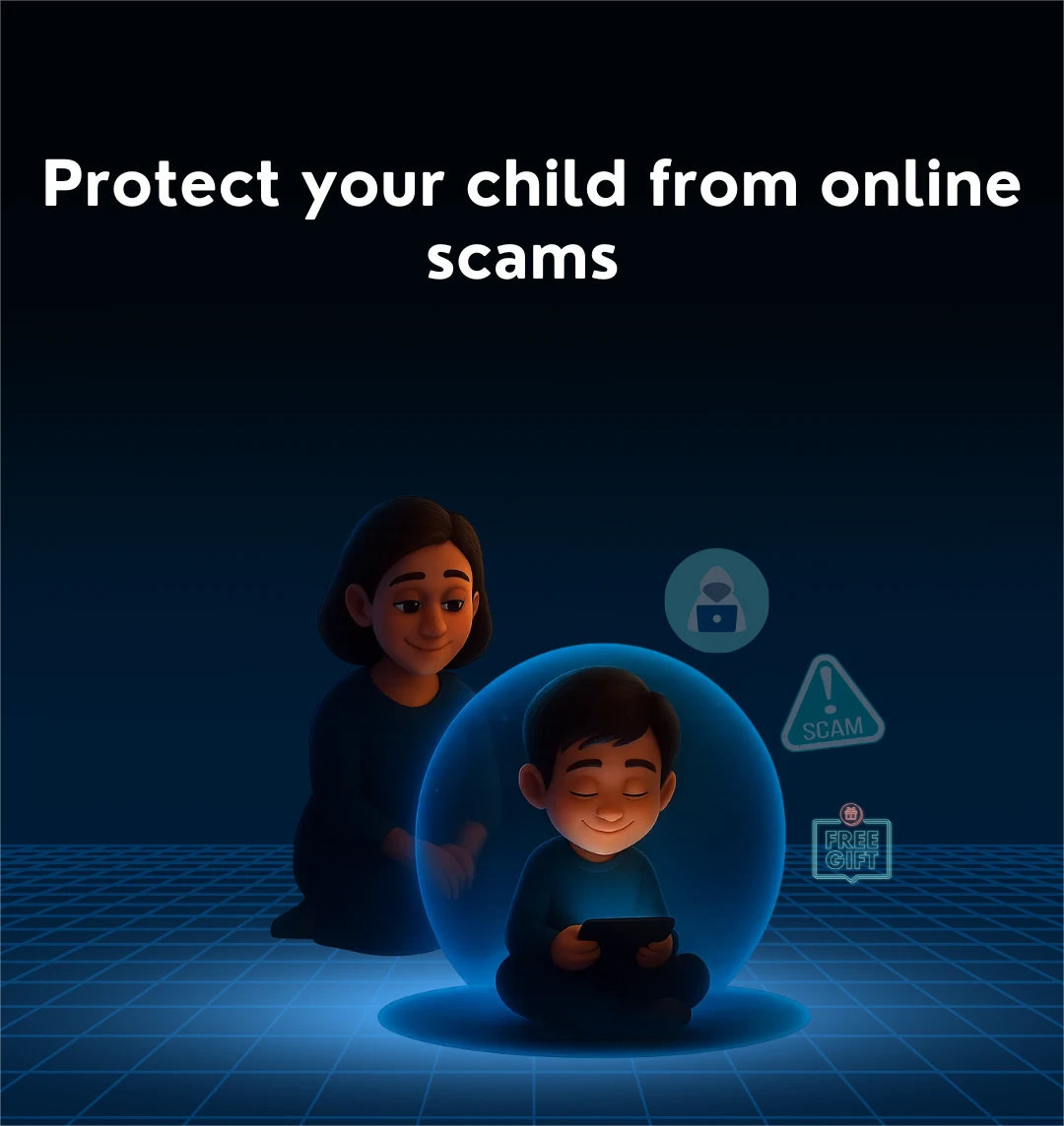 Mother watching over her child using a tablet, protected by a digital shield, with icons of online scams and security warnings in the background.