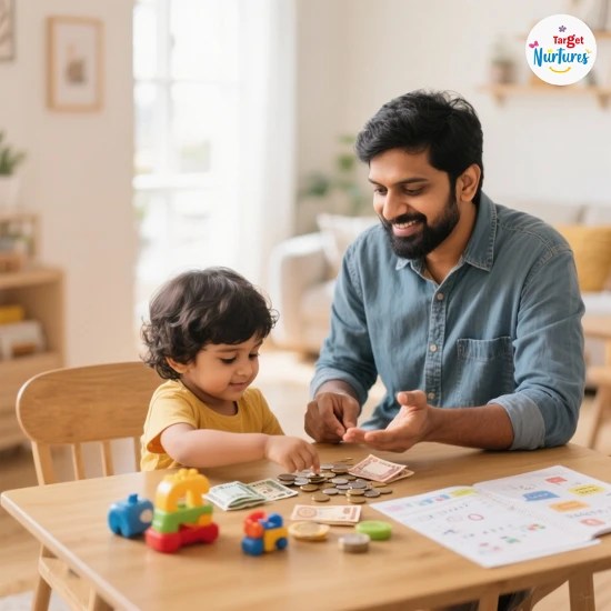 Indian parent teaching child about money using pretend coins and notes