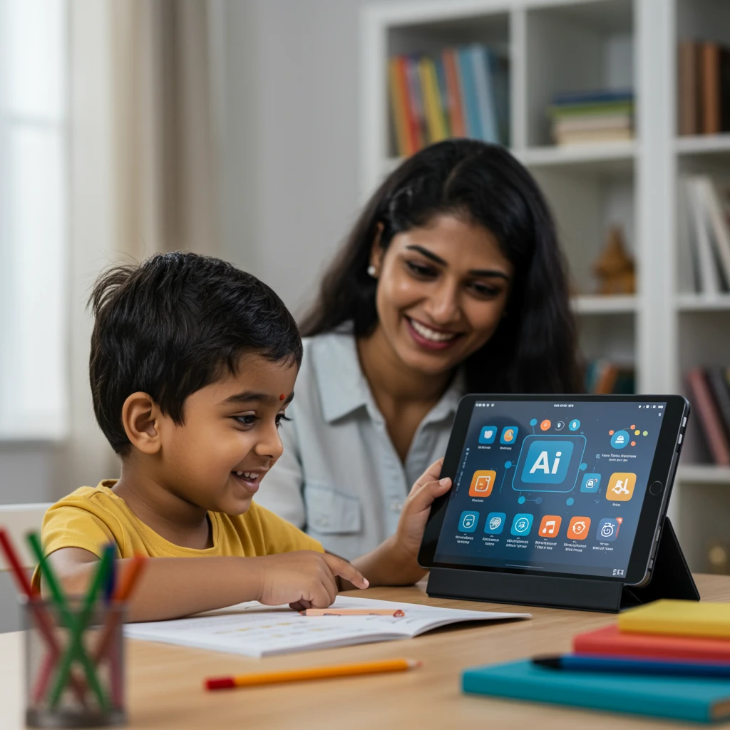 Indian child learning with AI educational assistant on tablet, parent nearby
