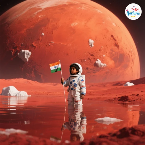 A young Indian child dressed as an astronaut holding a small flag on Mars with visible polar ice caps; represents space exploration for kids and fun space facts about Mars