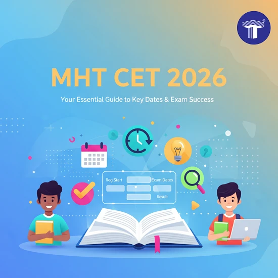 Students with an open book, surrounded by icons for MHT CET 2026 registration, exam dates, and results