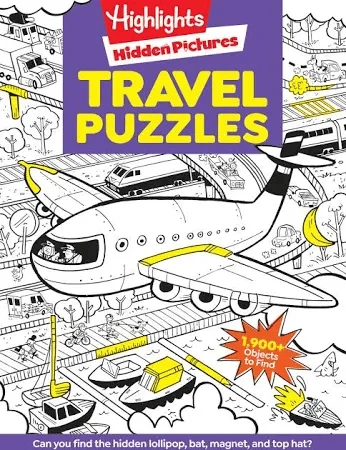 Cover of Highlights Hidden Pictures: Travel Puzzles featuring a black-and-white airport and airplane scene with pops of yellow