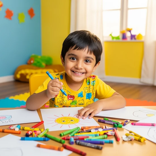 Happy indian preschooler colouring a picture with crayons, scattered crayons and paper around, colourful vibrant room, soft lighting, joyful and playful scene