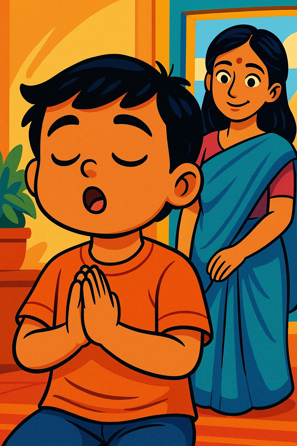 Young boy praying with folded hands as his smiling mother looks on