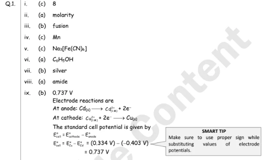 Solution to a Chemistry board paper question, Q.1. ix, showing a Smart Tip on using proper signs for electrode potentials
