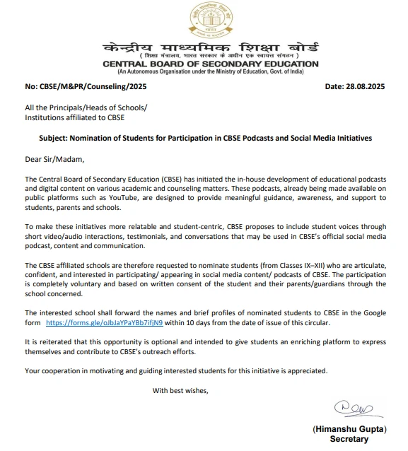 CBSE circular announcing nominations of students from Classes IX–XII for participation in podcasts and social media initiatives
