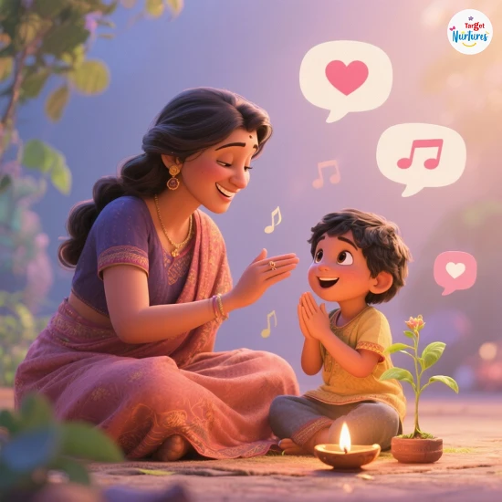 Mother softly teaching her child simple rules for chanting mantras, warm emotional scene, diya and small plant beside them symbolizing positivity, calm guidance, patience and mindful learning
