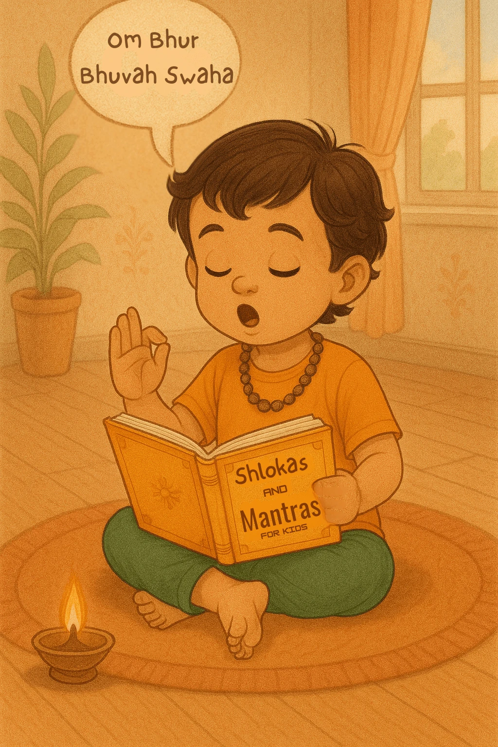 Child chanting shlokas from 'Shlokas and Mantras for Kids' book, promoting spiritual learning and Indian culture.