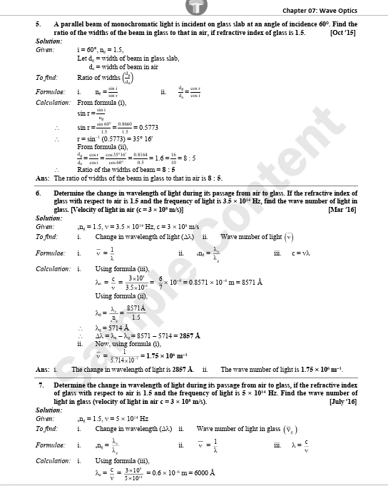 Std. 12 Physics Wave Optics solved Board questions on refractive index, wavelength and wave number with step-by-step solutions