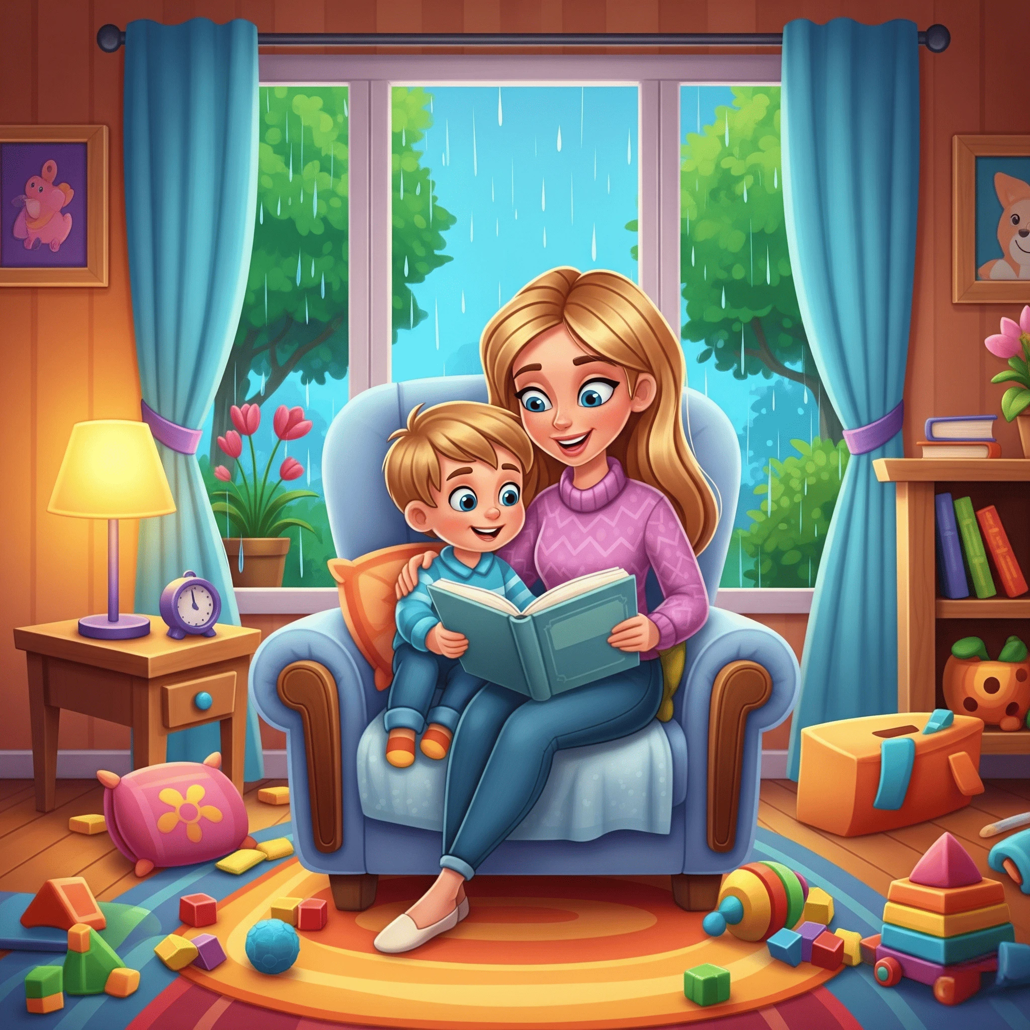 Mother reading a storybook to her smiling child in a cozy room on a rainy day, with toys and books around