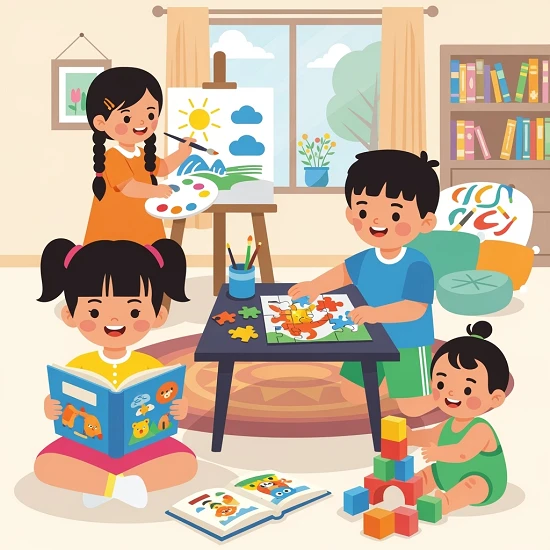 Illustration of children at home enjoying educational activities — one painting on an easel, another solving a puzzle, one reading a book, and a toddler building with colorful blocks, promoting fun learning at home