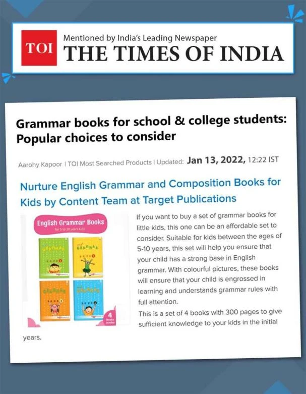 A featured article from The Times of India highlighting popular grammar books for school and college students. It showcases a set of English grammar and composition books for kids aged 5–10 by Target Publications, emphasizing colorful visuals and structured learning