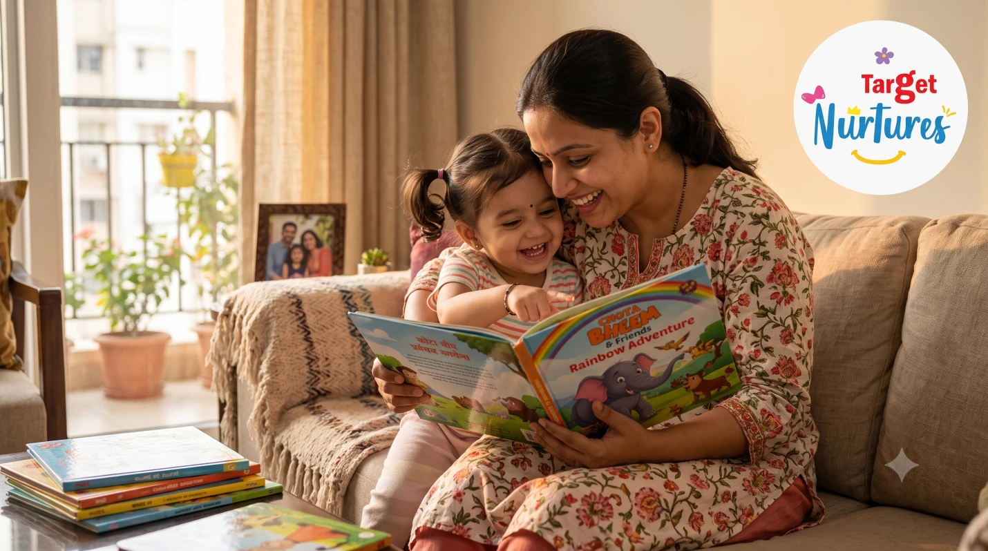 A parent reading a picture book aloud to a toddler to build pronunciation skills