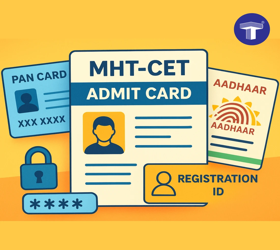 MHT-CET admit card with Aadhaar, PAN, registration ID, and password field, highlighting secure exam registration.