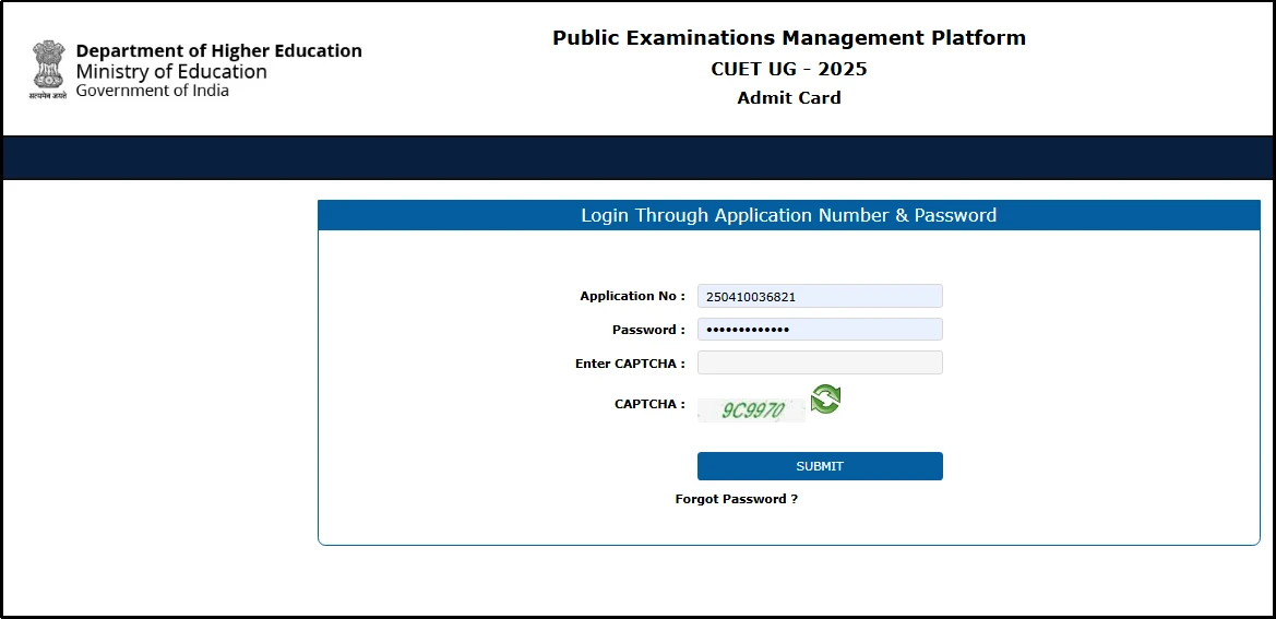 CUET UG 2025 admit card login page with fields to enter application number, password, and CAPTCHA.