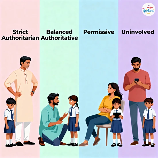 Illustrated infographic showing the 4 parenting types; authoritarian, authoritative, permissive and neglectful, representing different parenting styles in modern parenting