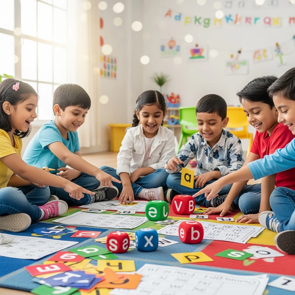 Group of Indian kids playing phonics games with alphabet cards and dice during kindergarten classroom activity to support early literacy skills