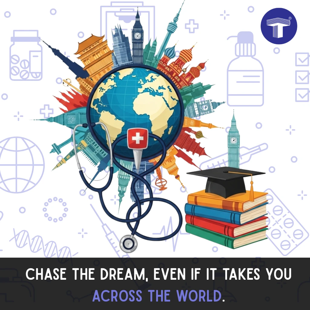 Illustration of a stethoscope around the globe depicting MBBS education abroad with landmarks and elements in the background