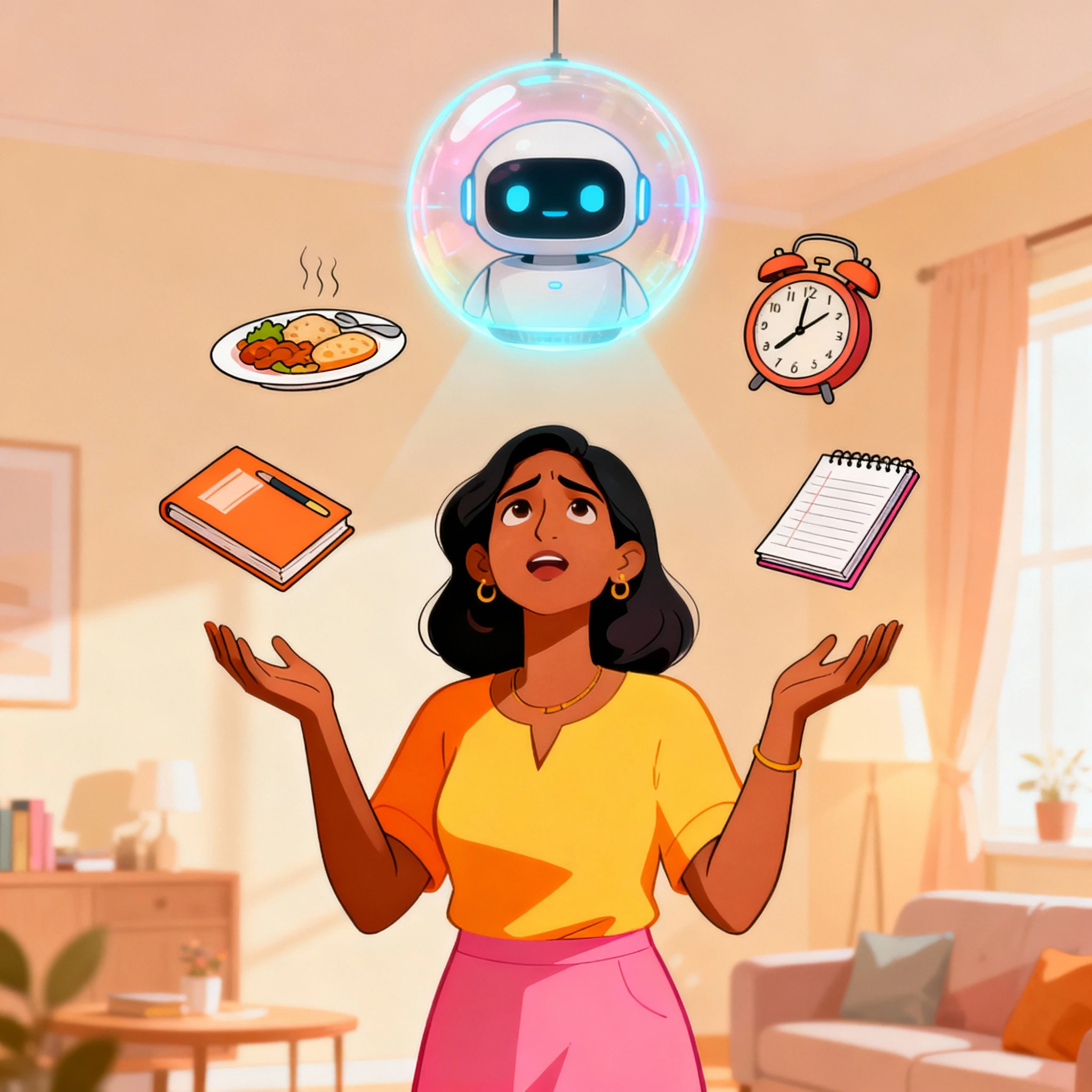 Conceptual illustration of Indian mother relieved by AI tools lifting invisible parenting load