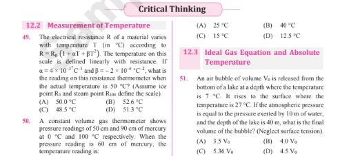 NEET JEE Physics critical thinking problems on temperature scale and ideal gas equation concepts