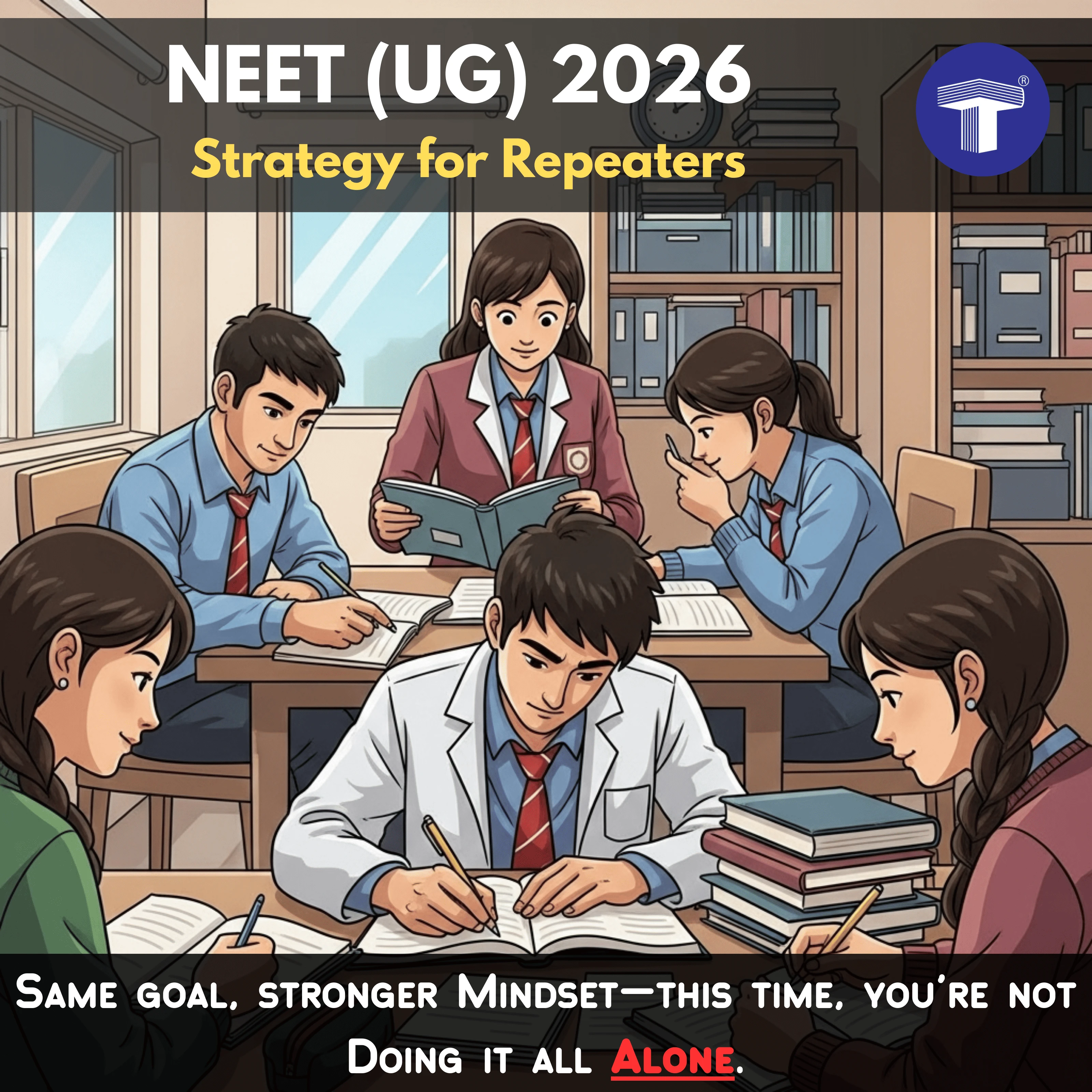 Five students studying together at a table in a library, with the text ‘NEET (UG) 2026 Strategy for Repeaters.’