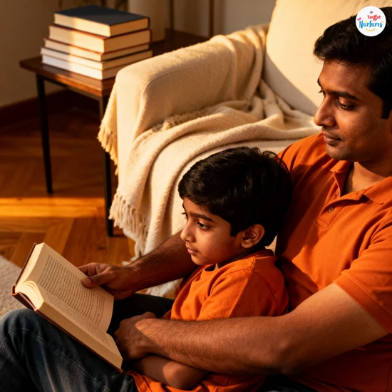 Parent and child sharing a calm storybook reading moment