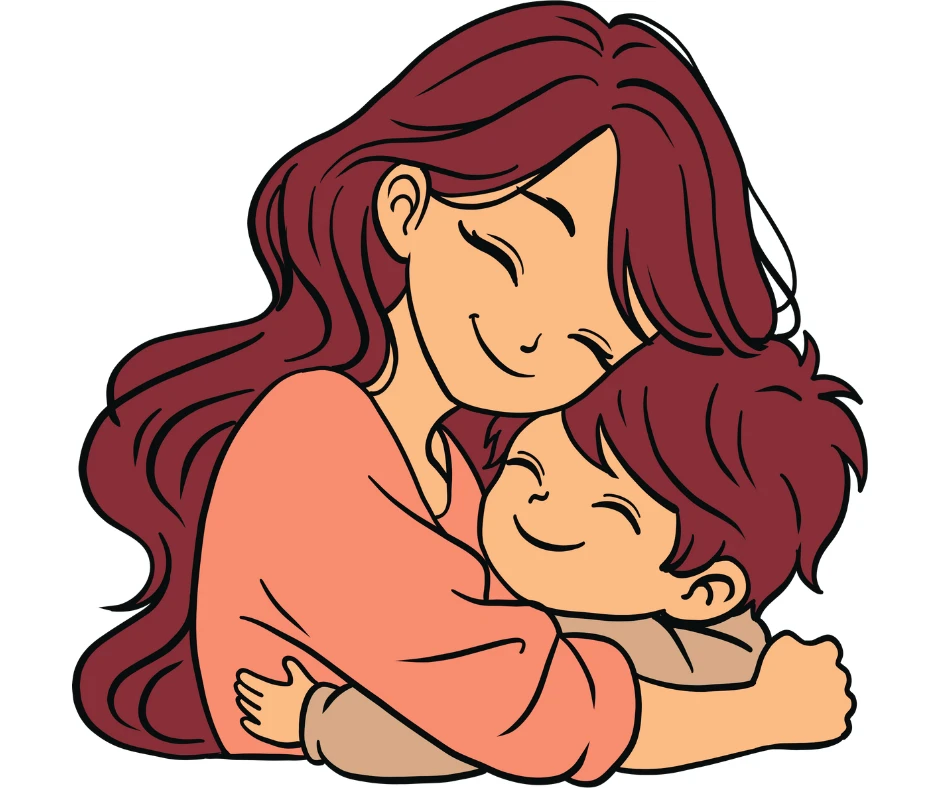 Illustration of a smiling mother gently touching her child’s face while kneeling, symbolizing affection and connection