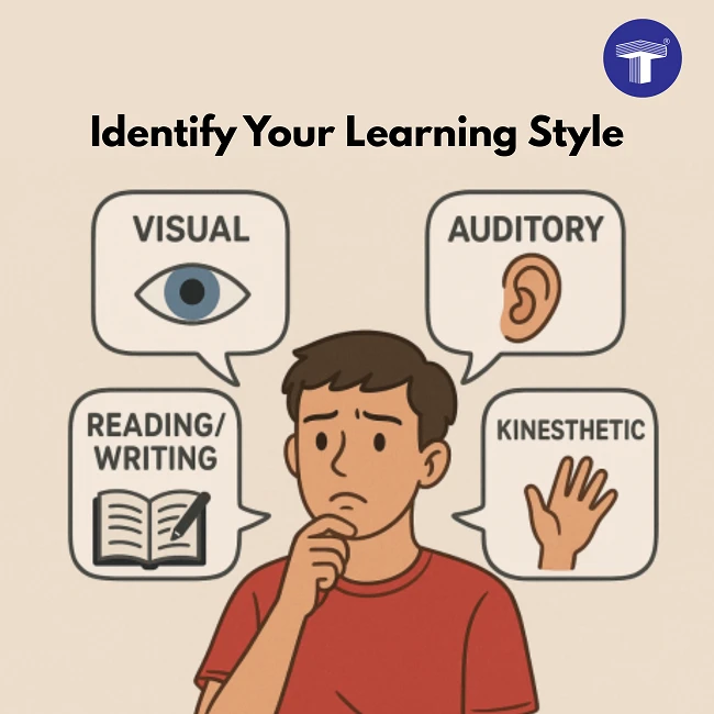 Illustration of a student deciding between visual, auditory, reading/writing, and kinesthetic learning styles for exam prep