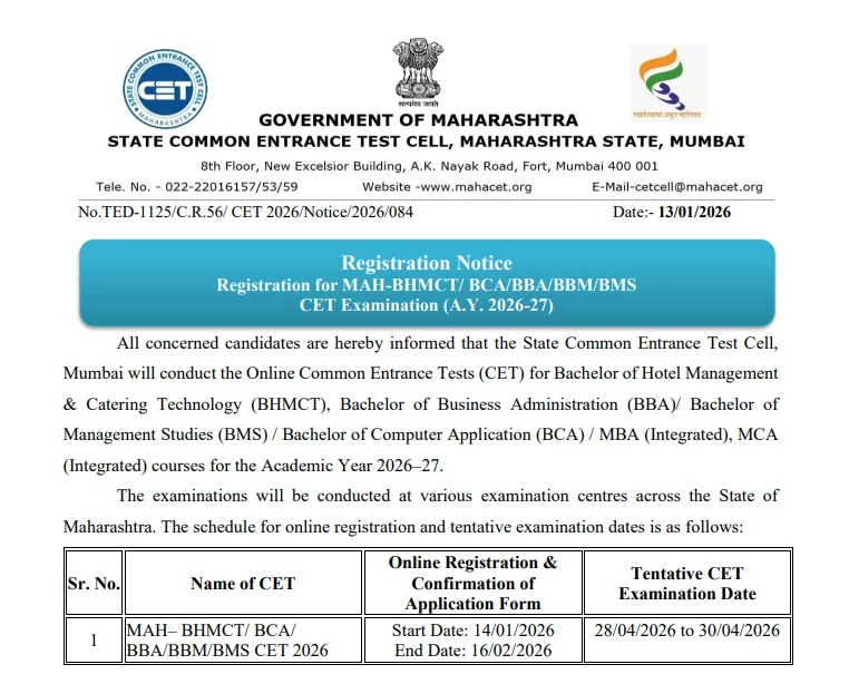 Official Maharashtra CET Cell notice for MAH-BBA, BCA, BMS, and BHMCT 2026 registration dates and exam schedule