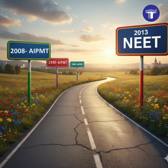 A winding road with signboards marking the evolution of medical entrance exams from AIPMT to NEET, from 1988 to 2013
